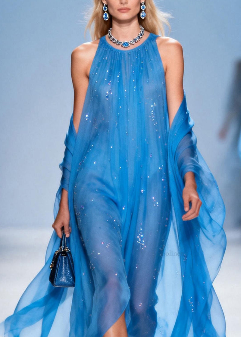 French Blue O Neck Zircon Patchwork Chiffon Dress Summer