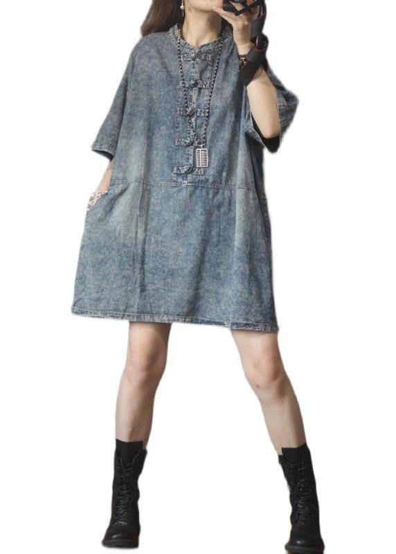 French Blue Oriental Pockets Vacation Dresses Summer