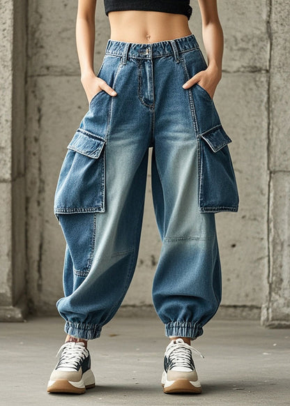 French Blue Oversized Pockets Denim Harem Pants Trousers Spring