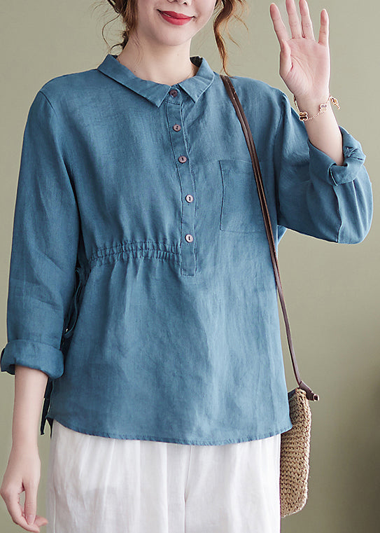 French Blue Peter Pan Collar Buttton Drawstring Cotton Shirts Long Sleeve
