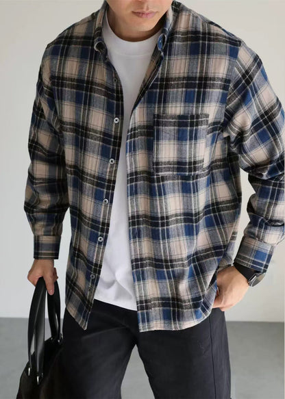French Blue Peter Pan Collar Plaid Button Cotton Shirt Men Fall