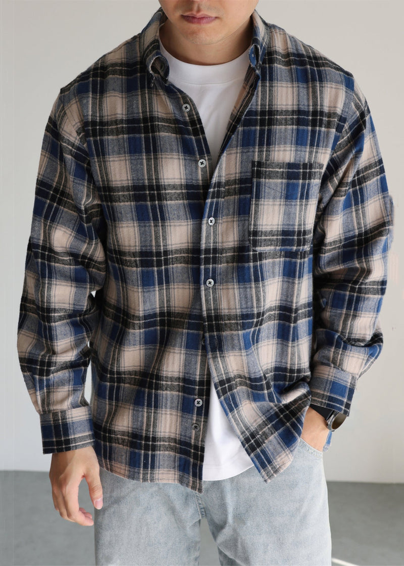 French Blue Peter Pan Collar Plaid Button Cotton Shirt Fall