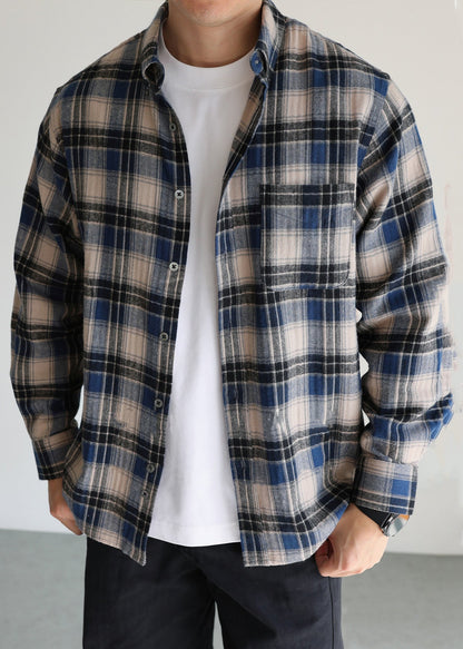French Blue Peter Pan Collar Plaid Button Cotton Shirt Men Fall
