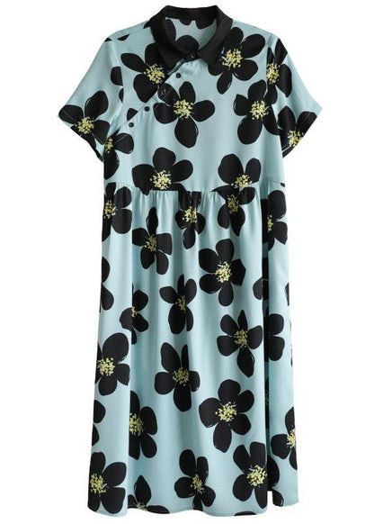French Blue Peterpan Collar Button Summer Print Short Sleeve Dress
