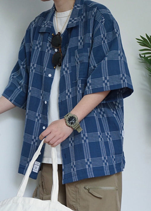 French Blue Plaid Button Cotton Shirts Summer