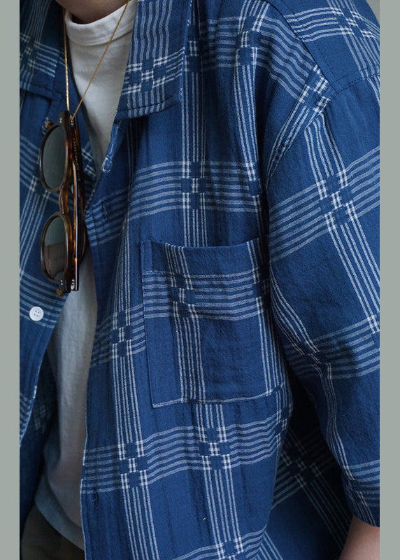 French Blue Plaid Button Cotton Shirts Summer