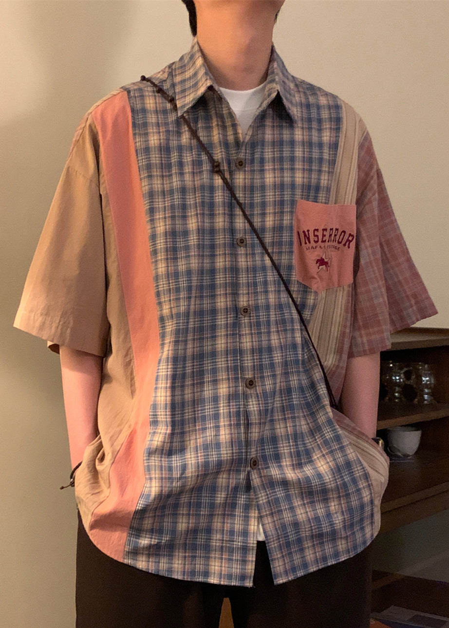 French Blue Plaid Oversized Patchwork Cotton Shirt Summer