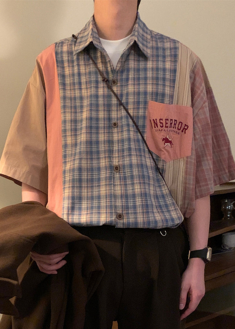 French Blue Plaid Oversized Patchwork Cotton Shirt Summer