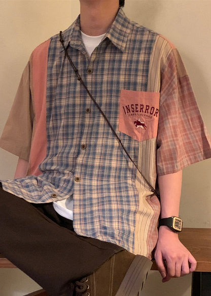 French Blue Plaid Oversized Patchwork Cotton Shirt Summer