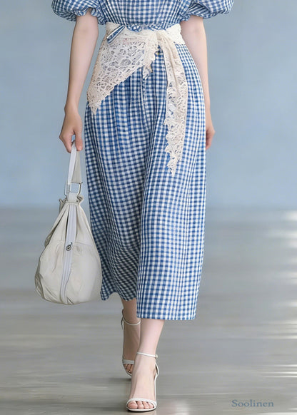 French Blue Plaid Tie Waist Cotton Long Dresses Puff Sleeve
