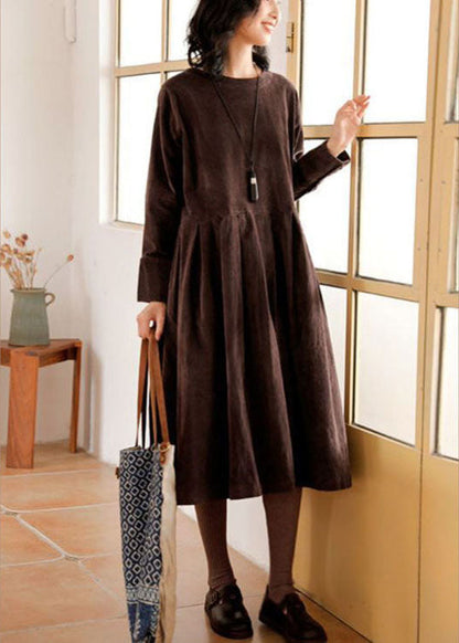 French Green Corduroy Dress Pockets Button Patchwork Fall Dresses