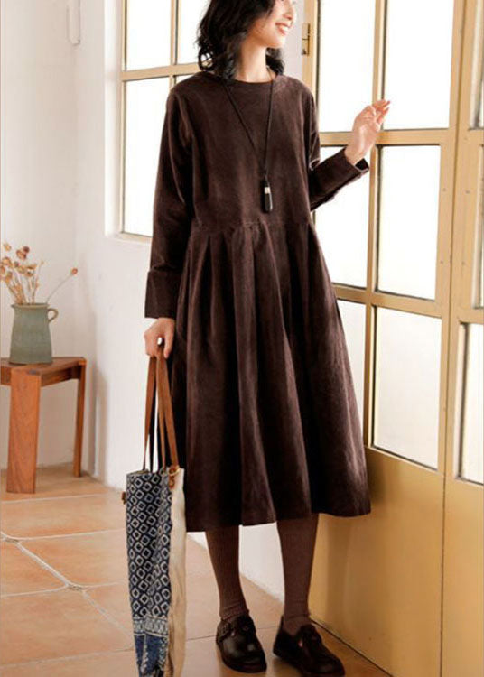 French Brown Corduroy Dress Pockets Button Patchwork Fall Dresses