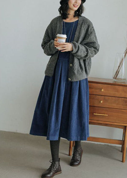 French Brown Corduroy Dress Pockets Button Patchwork Fall Dresses