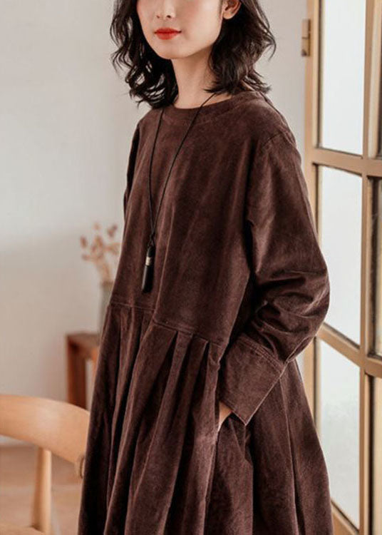 French Brown Corduroy Dress Pockets Button Patchwork Fall Dresses