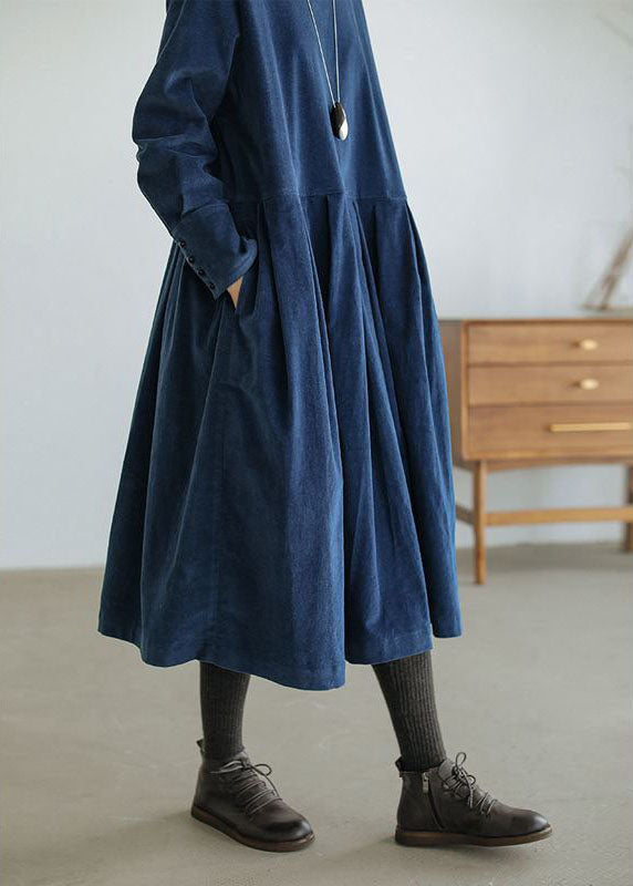 French Green Corduroy Dress Pockets Button Patchwork Fall Dresses