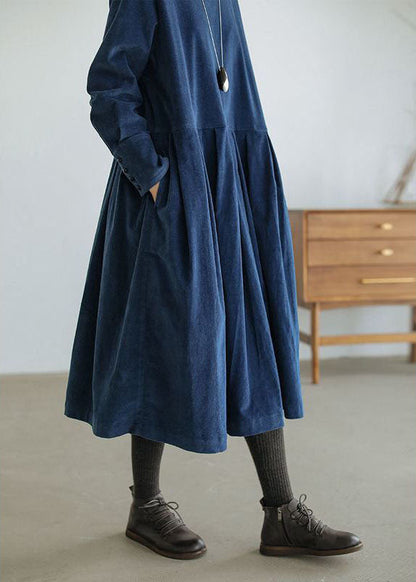 French Green Corduroy Dress Pockets Button Patchwork Fall Dresses