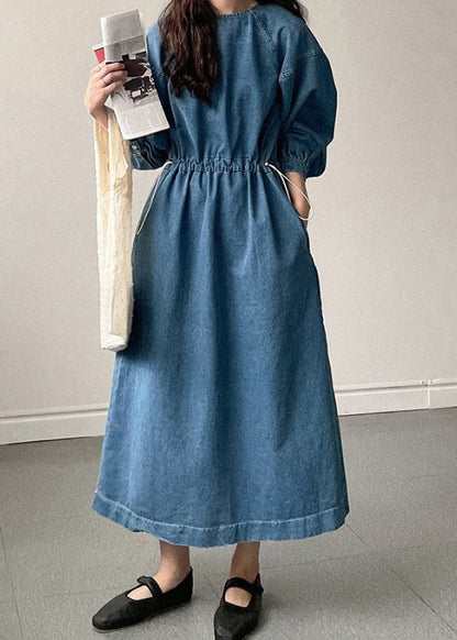 French Blue Pockets Drawstring Denim Long Dresses Spring