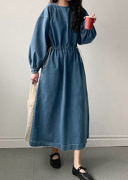 French Blue Pockets Drawstring Denim Long Dresses Spring