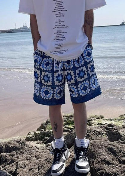 French Blue Pockets Elastic Waist Cotton Shorts Summer