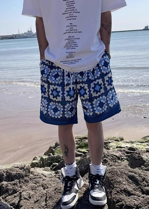 French Blue Pockets Elastic Waist Cotton Shorts Summer