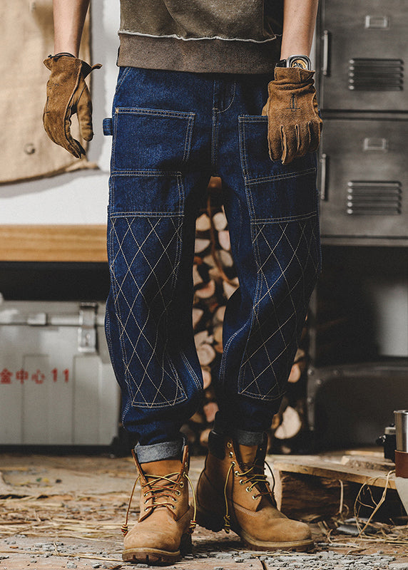 French Blue Pockets High Waist Denim Harem Pants Spring