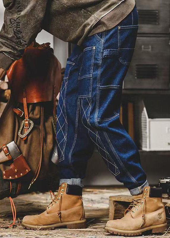 French Blue Pockets High Waist Denim Harem Pants Spring