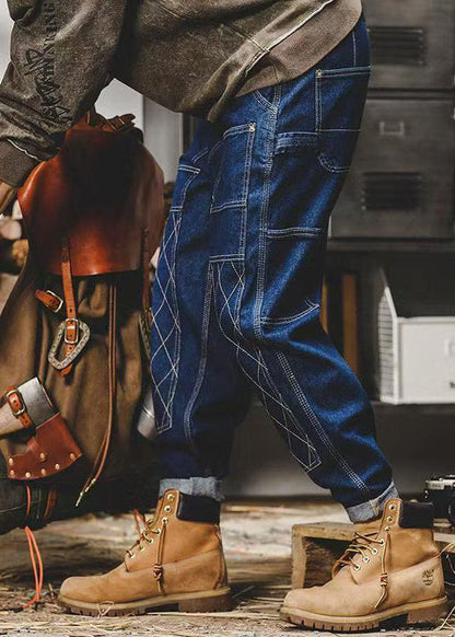 French Blue Pockets High Waist Denim Harem Pants Spring