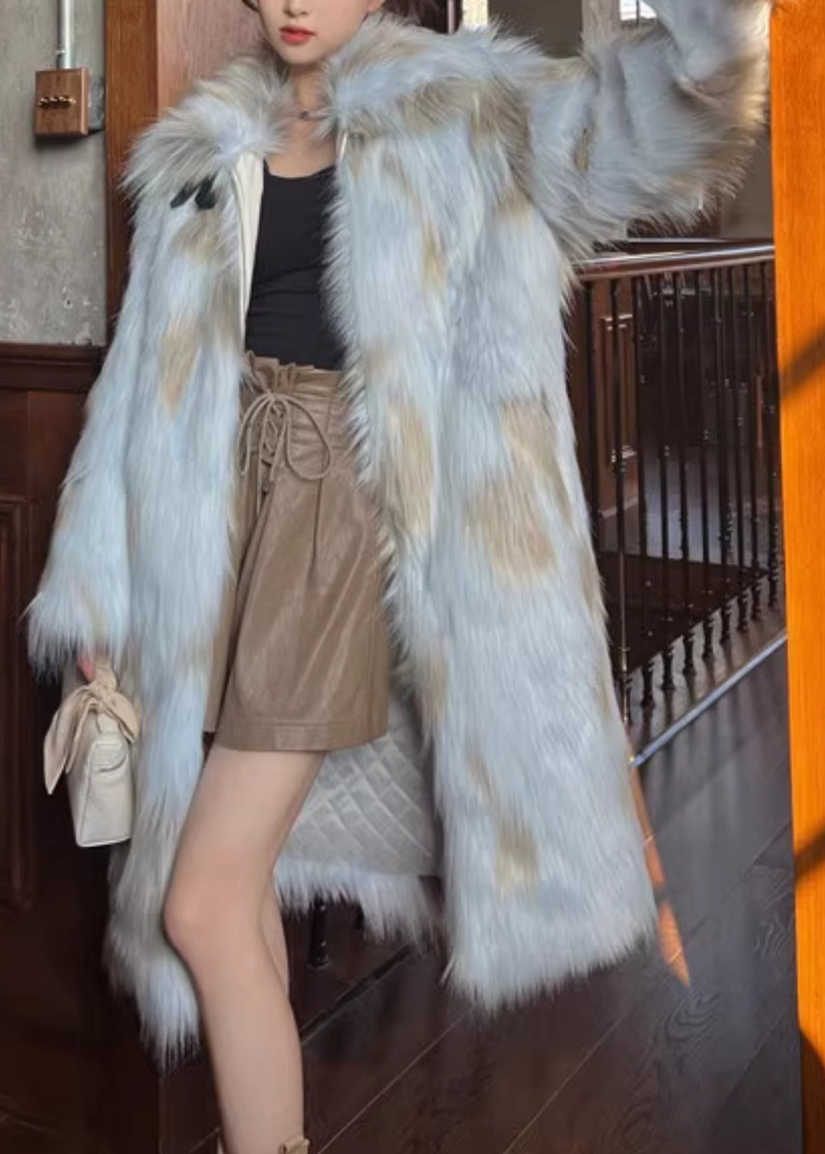 French Blue Pockets Leather and Fur Maxi Coats Spring