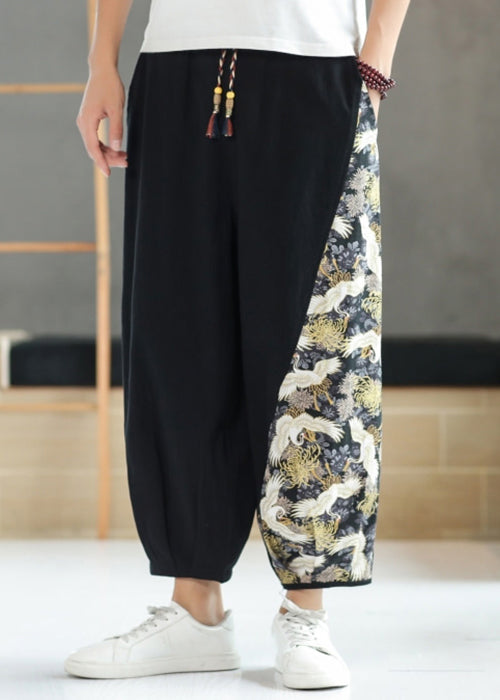 French Blue Print Elastic Waist Patchwork Cotton Crop Pants Summer