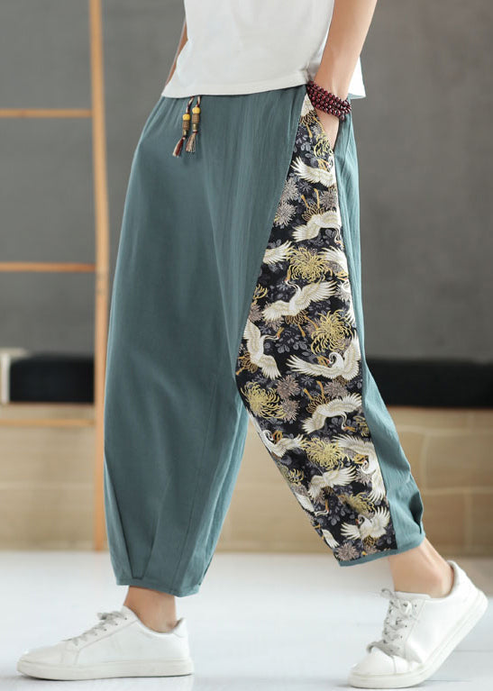 French Blue Print Elastic Waist Patchwork Cotton Crop Pants Summer