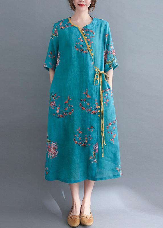 French Blue Print Tie Waist Mid Summer Cotton Dress
