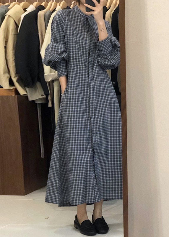 French Blue Puff Sleeve Plaid Shirts Dress
