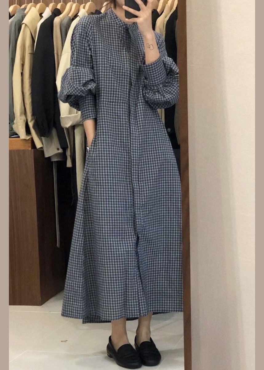 French Blue Puff Sleeve Plaid Shirts Dress