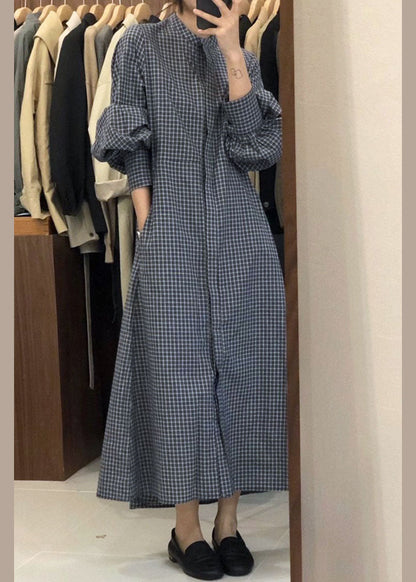 French Blue Puff Sleeve Plaid Shirts Dress