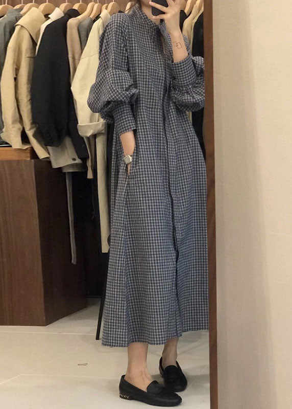 French Blue Puff Sleeve Plaid Shirts Dress