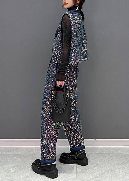 French Blue Sequins Tops and Pants Denim Two Piece Suit Set Fall
