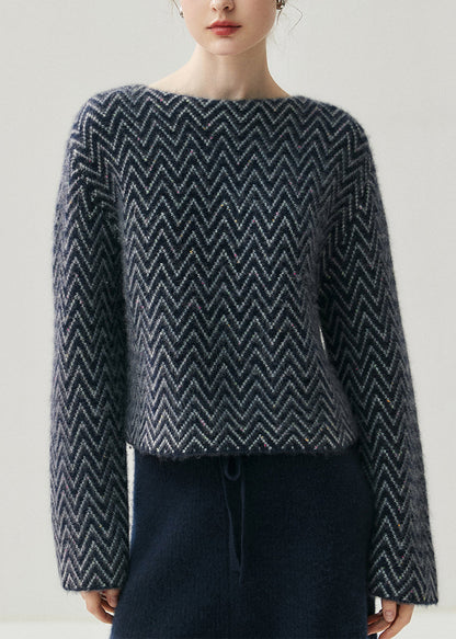French Blue Slash Neck Striped Thick Cotton Knit Sweaters Spring