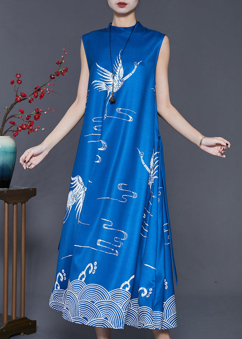 French Blue Stand Collar Print Cotton a Line Dress Sleeveless