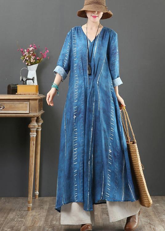 French Blue Tunic Dress V Neck Large Hem a Line Spring Dresses