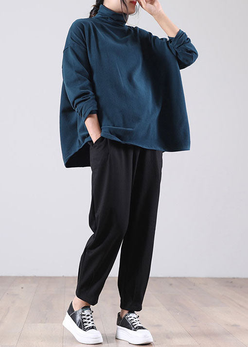 French Blue Turtle Neck Cotton Pullover Street Wear Spring