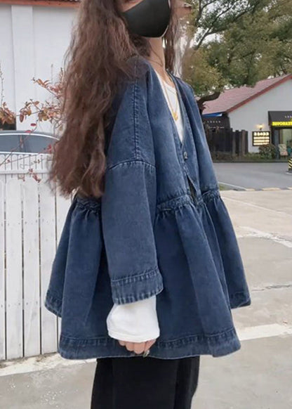 French Blue V Neck Button Pockets Denim Coats Long Sleeve