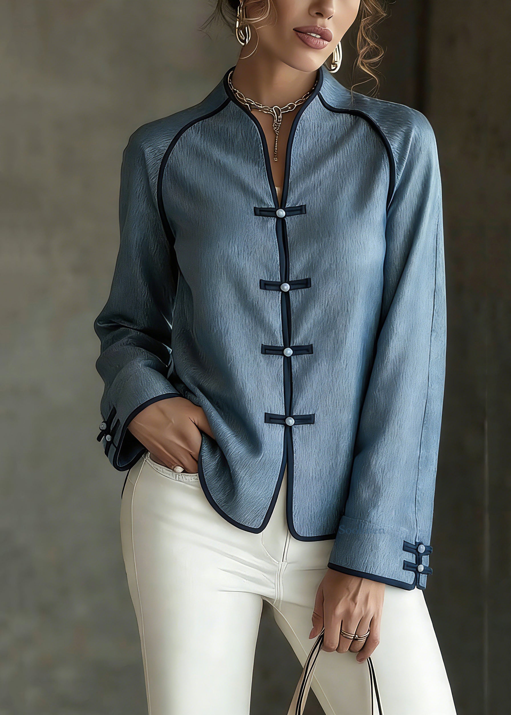 French Blue V Neck Button Solid Shirts Spring
