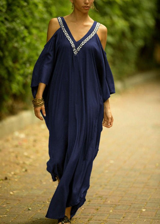 French Blue V Neck Cold Shoulder Kimono Robe Dresses Summer