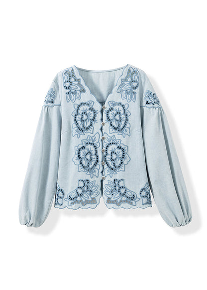 French Blue V Neck Hollow Out Floral Cotton Shirt Top Fall