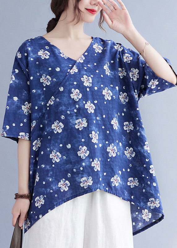 French Red Flowers V Neck Print Asymmetrical Design Fall Half Sleeve Shirt Top