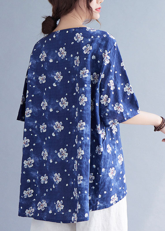 French Red Flowers V Neck Print Asymmetrical Design Fall Half Sleeve Shirt Top