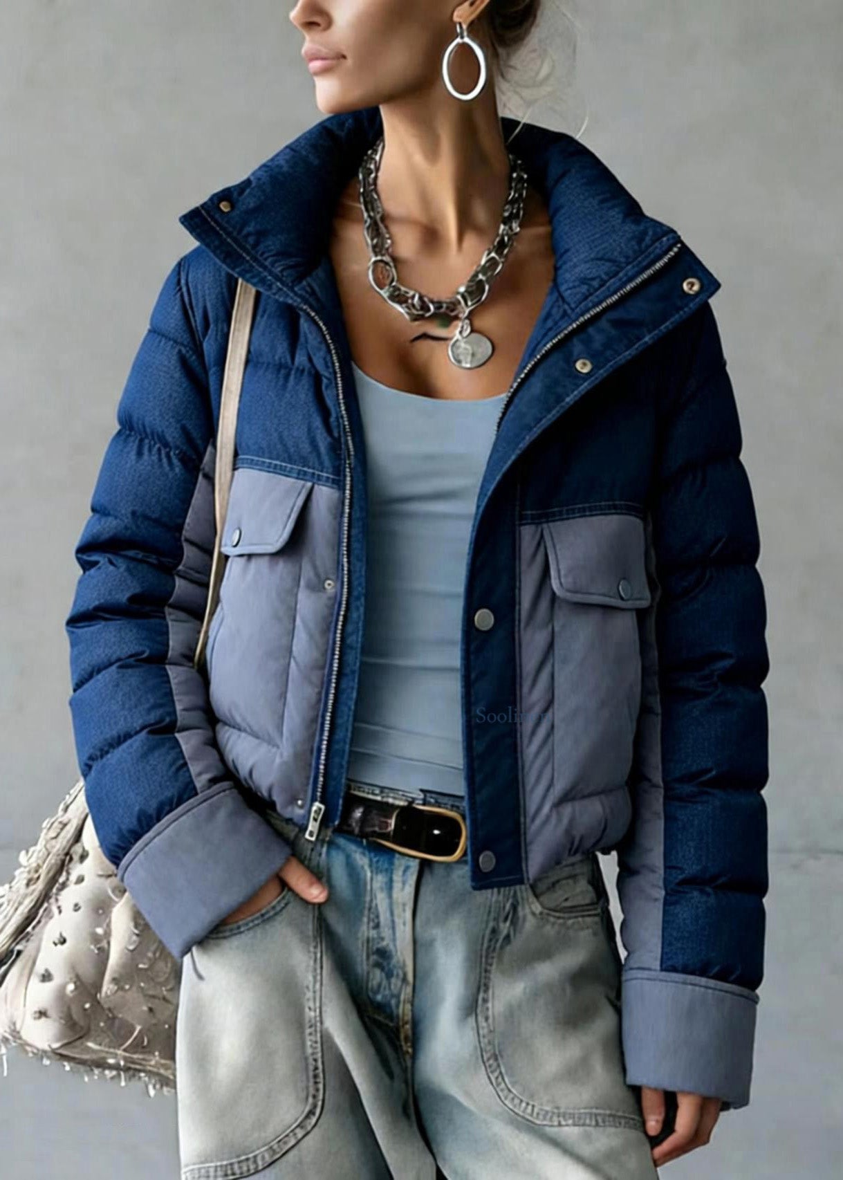 French Blue Zip Up Pockets Patchwork Duck Down Jackets Winter