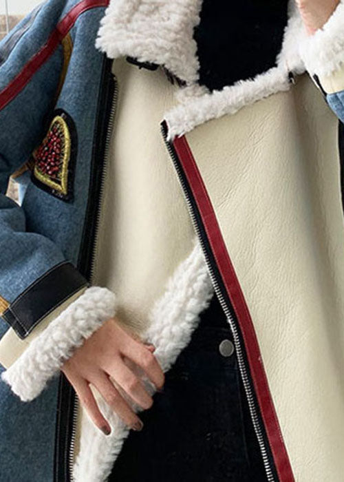 French Blue Zip Up Denim Patchwork Faux Fur Winter Coat