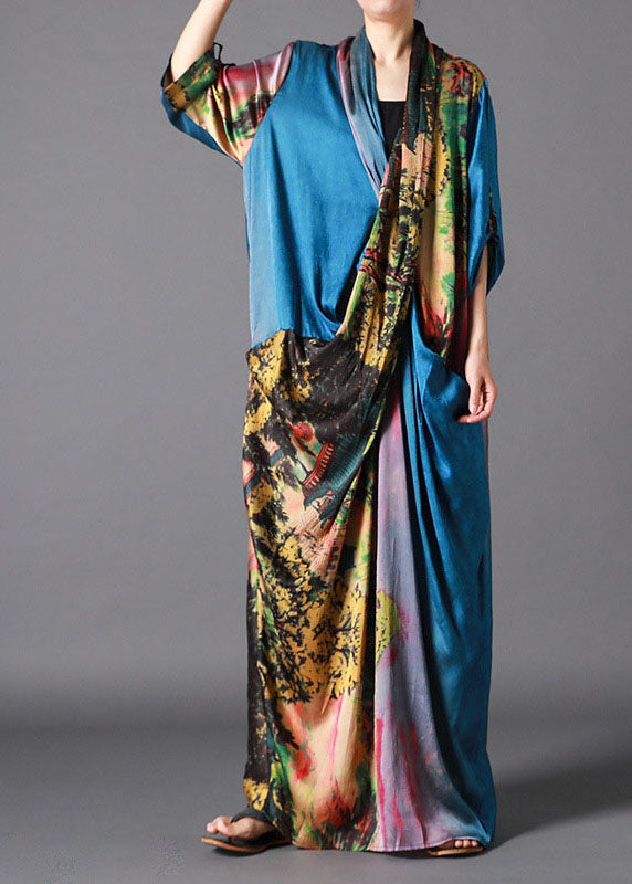French Blue Asymmetrical Design Print Fall Half Sleeve Long Dresses