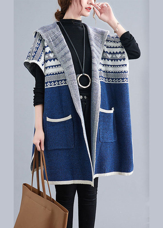 French Blue Hooded Side Open Short Sleeve Fall Knit Sweaters Coat